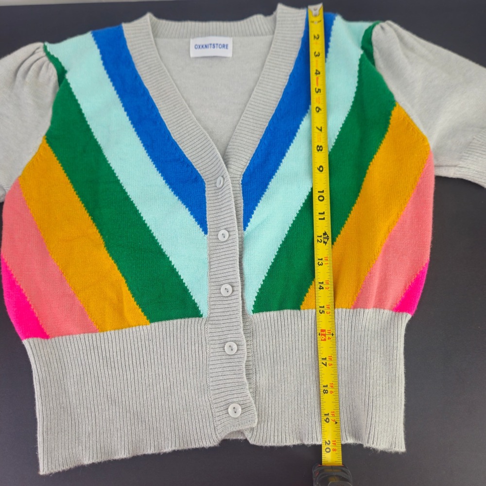 OXKNITSTORE Retro Rainbow Stripe Short Sleeve Soft Cardigan Grey V-Neck Button - Picture 6 of 8